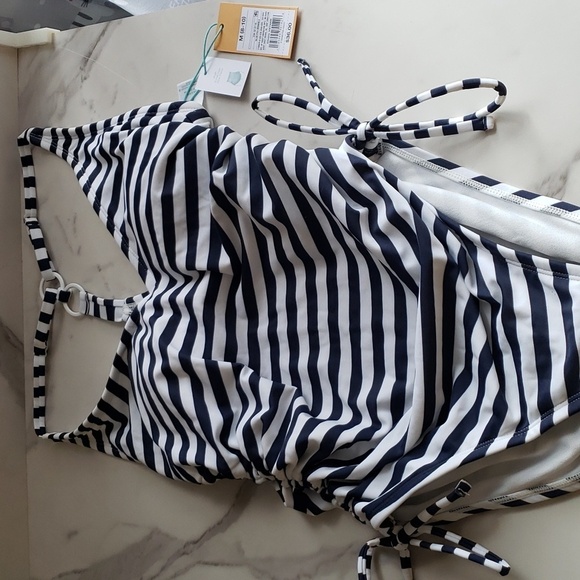 Kona Sol Navy & White Striped 2 Ring Back Side Sinch Swimsuit Size M (8-10) - Picture 5 of 12
